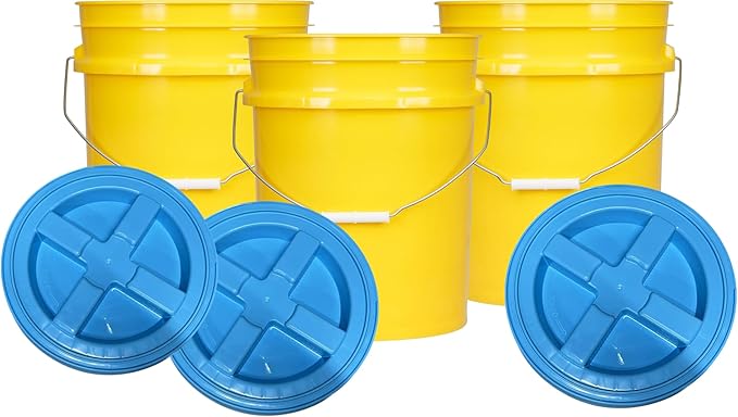 House Naturals 5 Gallon Plastic Yellow Food Grade BPA Free Made in USA Bucket Pail with Air Tight Double Gasket Screw on Lid(Pack of 3) (Yellow and Aqua lids)