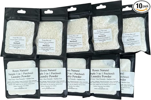 Sample/Travel Laundry Bundle, 10 Pre-Measured Packets, 5 Laundry Powder and 5 Fabric Softener Crystals, HE Compatible, Patchouli and Rouge Luxe Scents (Patchouli)