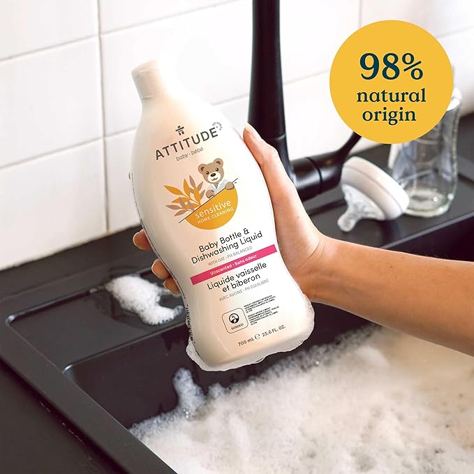 ATTITUDE Baby Dish Soap for Sensitive Skin with Oatmeal, Plant and Mineral-Based Ingredients, Vegan Household Products, Unscented, 23.6 Fl Oz