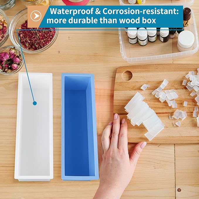 2 Pcs Loaf Soap Mold with Plastic Box, Flexible Silicone Rectangular Mold 42oz, Swirl Making Tool for DIY Soap, Handmade Candles, Resin Casting, Homemade Desserts (Blue)