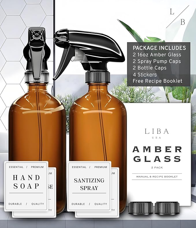 LiBa Amber Glass Spray Bottles 2 Pack, 16 oz Refillable Empty Spray Bottle for Cleaning, Essential Oils, Hair, Plants, Adjustable Nozzle for Squirt and Mist, Bleach/Vinegar/Rubbing Alcohol Safe