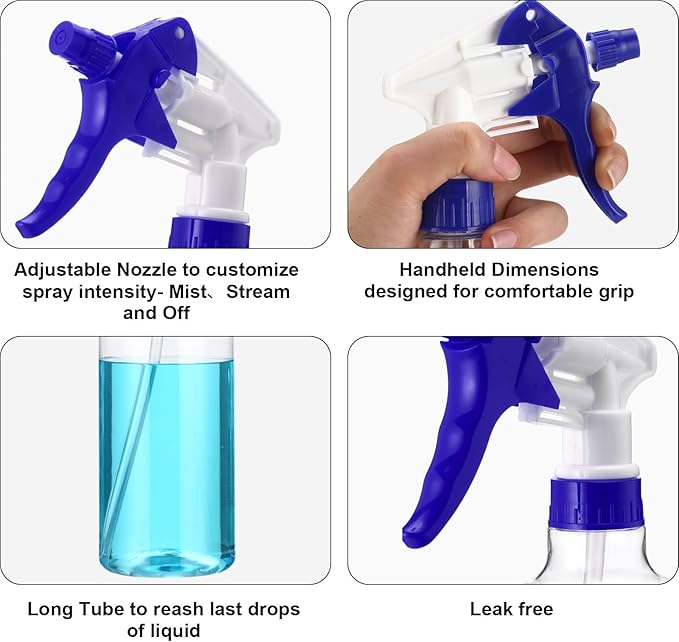 Eccliy 12 Pcs 16 Oz Plastic Spray Bottle, Adjustable Empty Reusable Sprayer for Cleaning, Planting, Water, Bathroom and Kitchen, BBQ, Commercial and Residential(Blue,Clear)