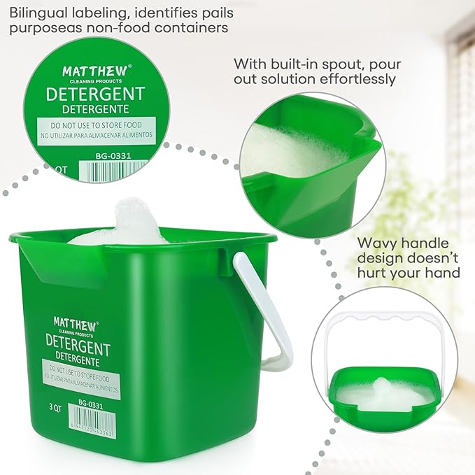 Matthew Detergent&Sanitizing Cleaning Bucket 3 Quart Plastic Pail,Set of 12 Square Containers,Built-In Spout w/Handle,Wash Rinse Sanitize Handwash Bucket for Home Commercial Restaurant (6 Red&6 Green)