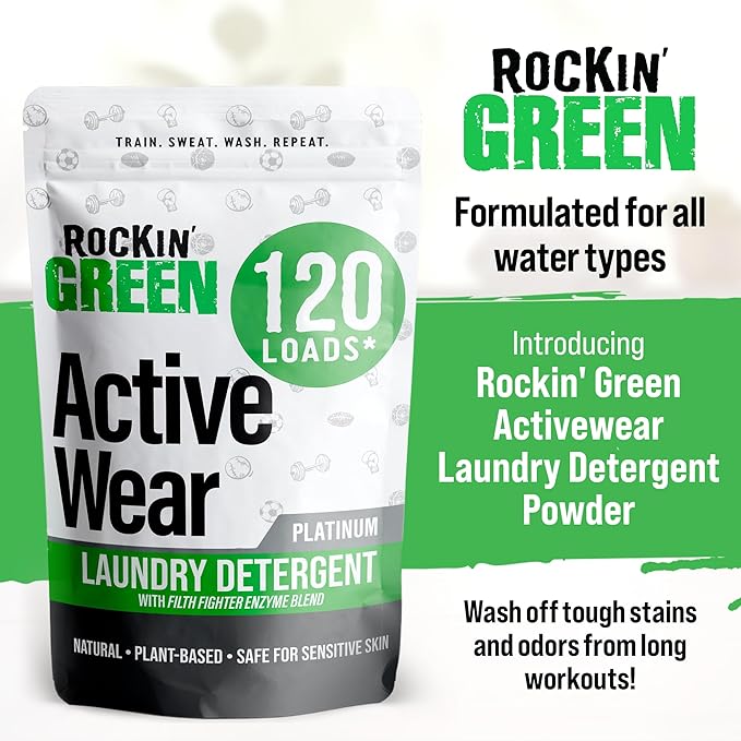 Rockin' Green Laundry Detergent, Plant based, All Natural Laundry Detergent Powder, Vegan and Biodegradable Odor Fighter, Safe for Sensitive Skin (Active Wear 120 Loads - Unscented)