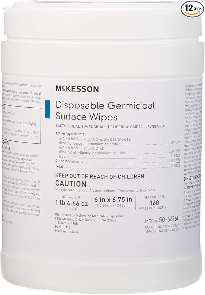 McKesson Germicidal Wipes [1920 Count] Disinfecting Wipes, Alcohol Cleaning Disinfectant Wipes, Hospital Grade Multi-Surface Wipes, 160 Wipes, 12 Pack