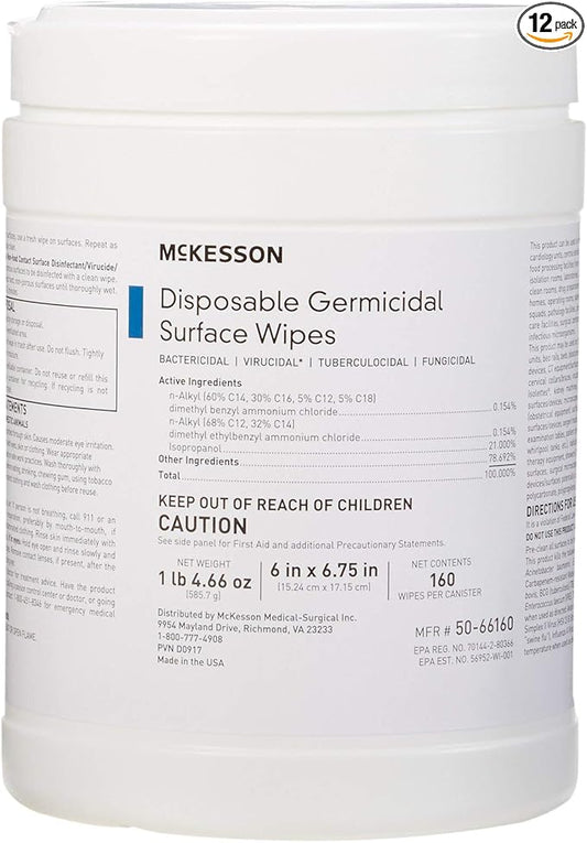 McKesson Germicidal Wipes [1920 Count] Disinfecting Wipes, Alcohol Cleaning Disinfectant Wipes, Hospital Grade Multi-Surface Wipes, 160 Wipes, 12 Pack