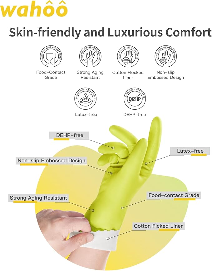 wahoo 3 Pairs Skin-Friendly Cleaning Gloves, Cotton Flocked Lined Dishwashing Gloves, Reusable, Non-Slip, Waterproof, Bud Tender, Medium