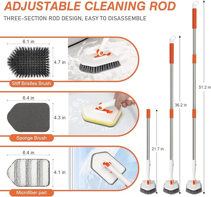 Shower Cleaner Brush, 3-in-1 Tile Tub Scrubber Brush with 51" Adjustable Long Handle, 3 Different Function Cleaning Heads, Scrub Brush for Bathroom, Kitchen, Walls, Bathtub, Sink
