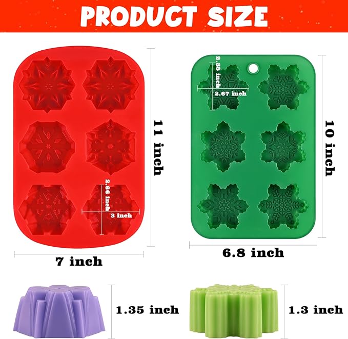 HUAKENER 2 Pack Snowflakes Soap Molds, Large Size Christmas Soap Molds, Snowflakes Silicone Mold for Handmade Soap, Mini Cakes, Brownies, Chocolate, Jello