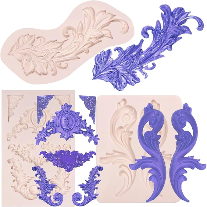 Baroque Silicone Molds Relief Chocolate, Border Feather Scroll Mold for Wedding Cake Decoration, Cupcake Toppers Clay Candy