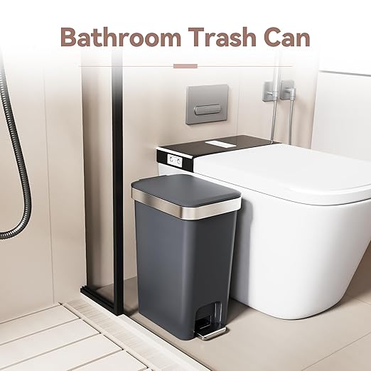 Small Bathroom Trash Can with Lid Soft Close, 10 Liter/2.6 Gallon Slim Garbage Can-Metal Step and Press top Lid, Mini Modern Waste Basket for Toilet, Office, Bedroom,Dorm,Dark Gray