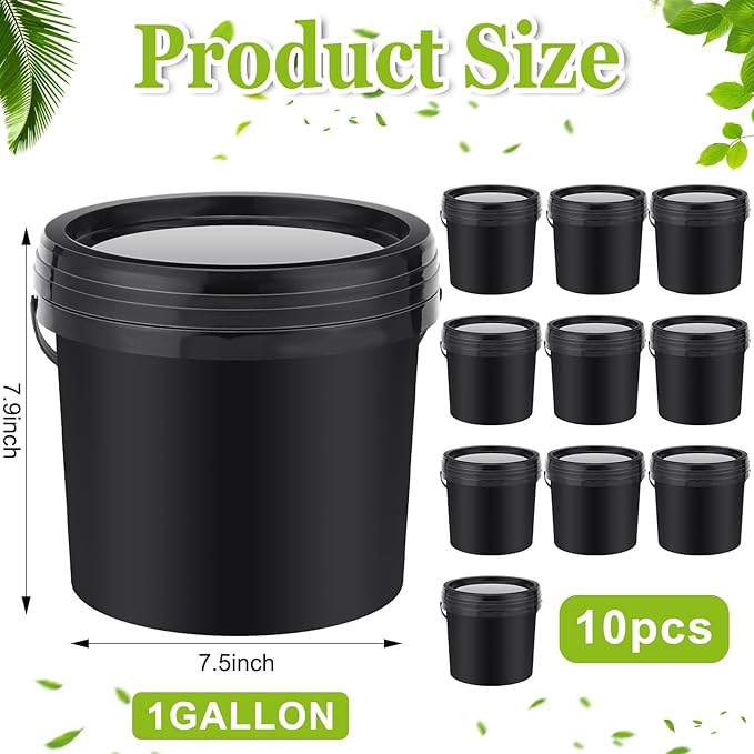 Gerrii 10 Pack Black 1 Gallon Plastic Bucket with Handle and Lid Food Storage Bucket Containers All Purpose Pail for Paint Water Art Crafts Projects Garage Organization