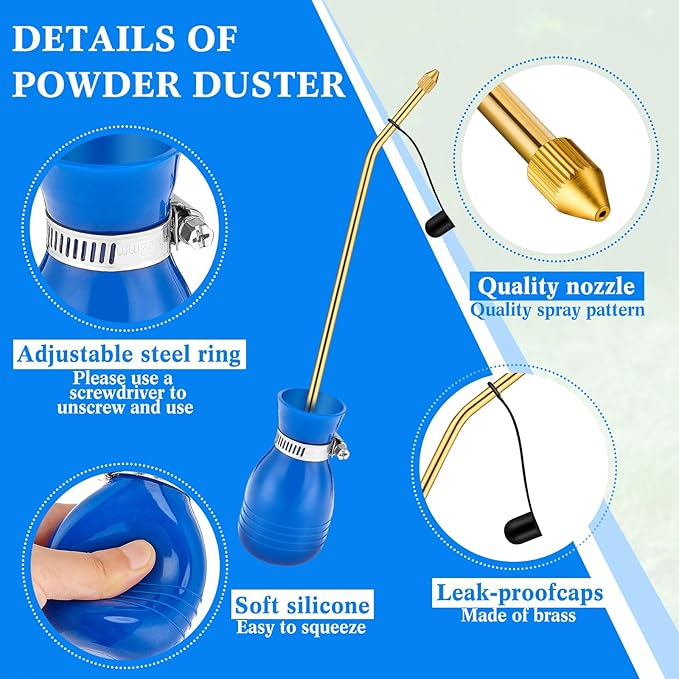 Boao Diatomaceous Earth Powder Duster Bulb Duster Sprayer 3.5 oz with Long Copper Garden Powder Applicator Dispenser for Organic Gardening Agricultural Supplies(Blue)