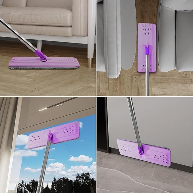 Mop and Bucket with Wringer Set, Hands Free Flat Floor Mop and Bucket, 5 Washable Microfiber Pads Included, Wet and Dry Use, Home Floor Cleaning System for All Floor Types and Windows,Purple