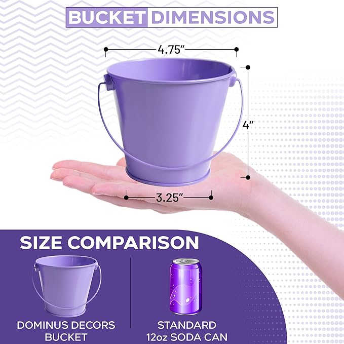Small Metal Buckets with Handles - Leak-Proof Metal Pail Bucket - Galvanized Bucket with Handle - Multipurpose Tin Bucket for Party Favors, Organization, School, Weddings, Garden - Set of 6, Purple