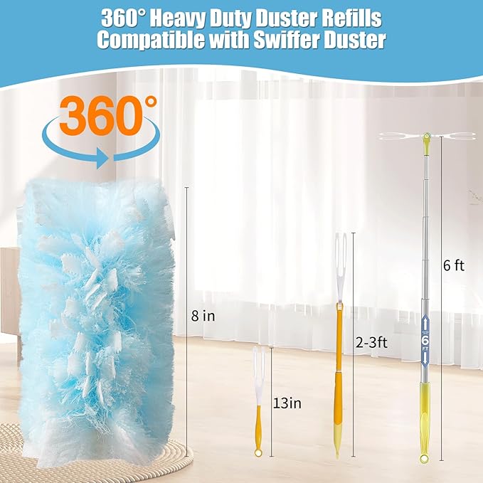 40 Count 360° Heavy Duty Duster Refills Compatible with Swiffer, Large Size-Extra Thick Disposable Electrostatic Duster Refill with 1 Short Handle for Furniture, Blinds, Ceiling Fans(Blue)