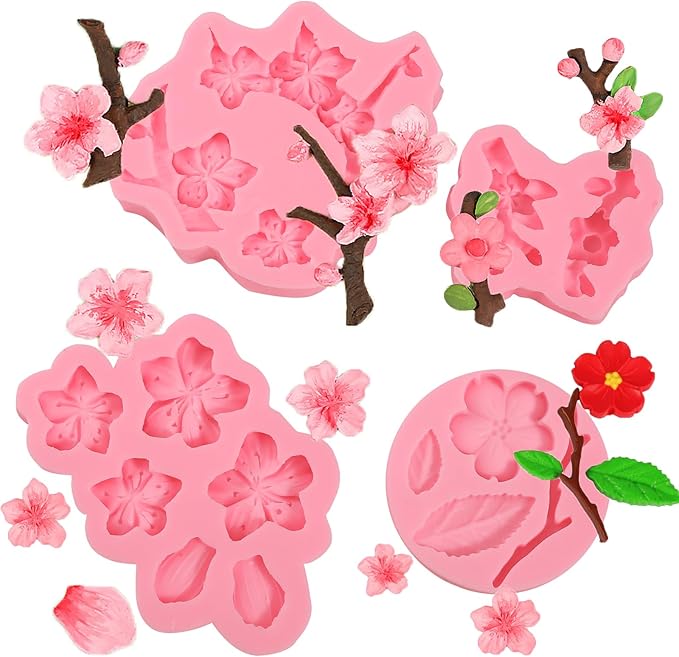 4 Pcs Plum Blossom Fondant Molds, Flower Chocolate Silicone Mold, for Wedding Cake Decoration Cupcake Topper Dessert Table Biscuit Candy Resin Clay Modeling, Reusable Kitchen Baking Mold