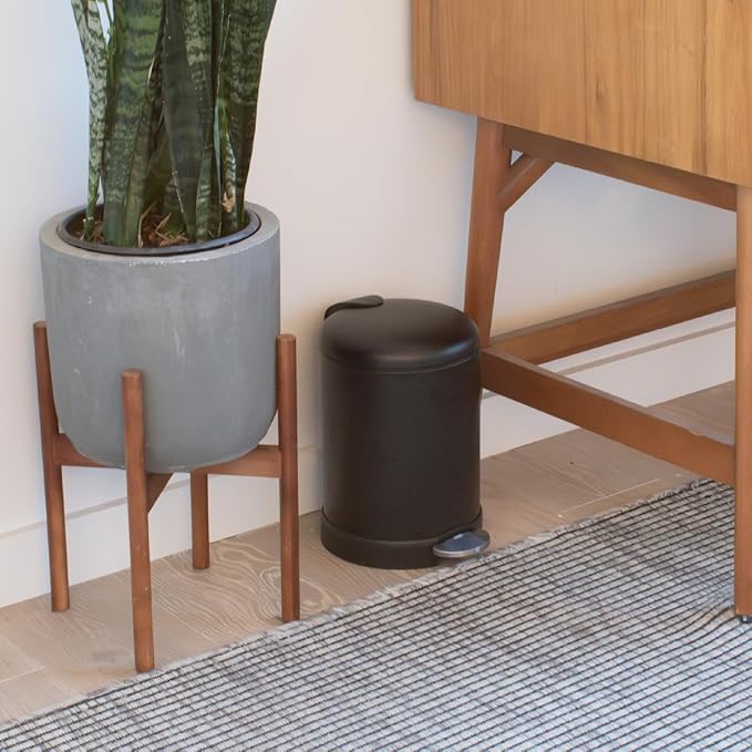 Glad Small Trash Can, 1.2 Gallon | Round Stainless Steel Garbage Bin with Soft Close Lid & Step Foot Pedal | Black Metal Waste Basket with Removable Inner Bucket, Matte Black