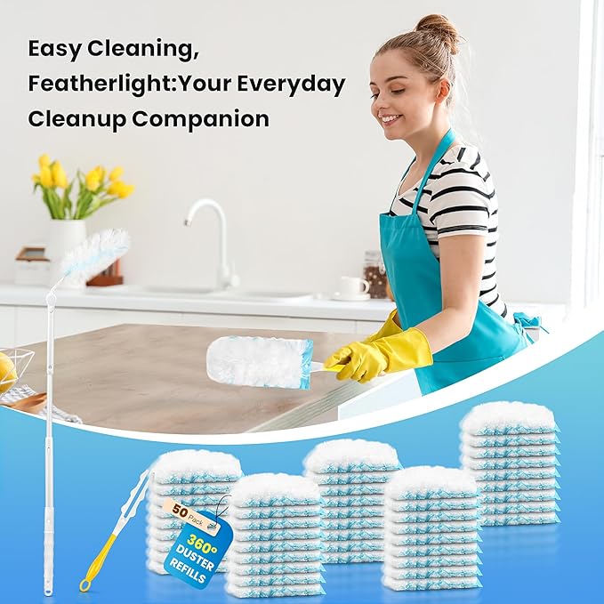Duster Kit for Swiffer Duster Refill: 50 Heavy Duty Refills + 2 Handles | 3X Grip & Static Tech | Car, Furniture & Electronics Dry Cleaning