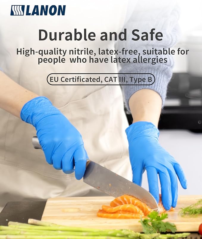 LANON Disposable Nitrile Gloves, Silicone-Free, Food-Safe, Chemical Resistant, Powder-Free, Textured Fingertips, Cooking, Cleaning, Blue, Large