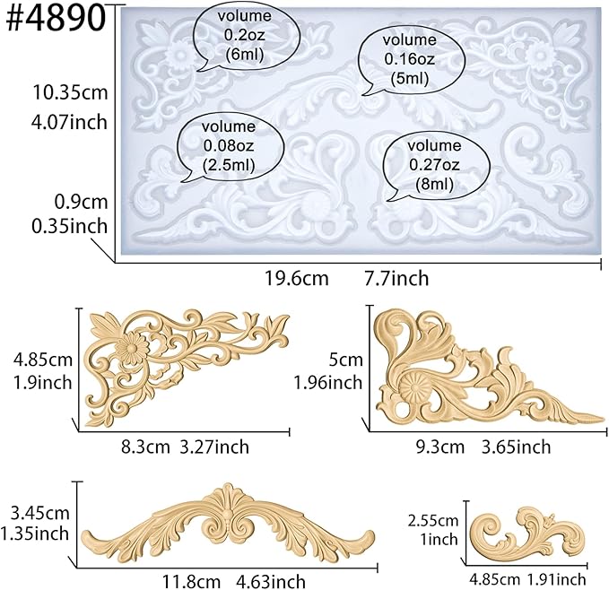 Art Molds for Polyclay Air Dry Clay Plaster Epoxy Resin Fondant Cake Decor Rococo Embellishment