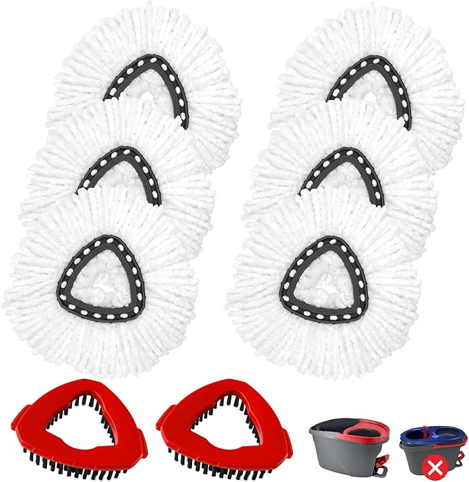 Mop Head Replacement Compatiable with Ocedar EasyWring 1-Tank System,Mircofiber Mop Heads Refill and Scrub Brush for O Cedar Easywring Spin Mop, 6 Pack Mop Refills & 2 Scrubber Head to Floor Cleaning