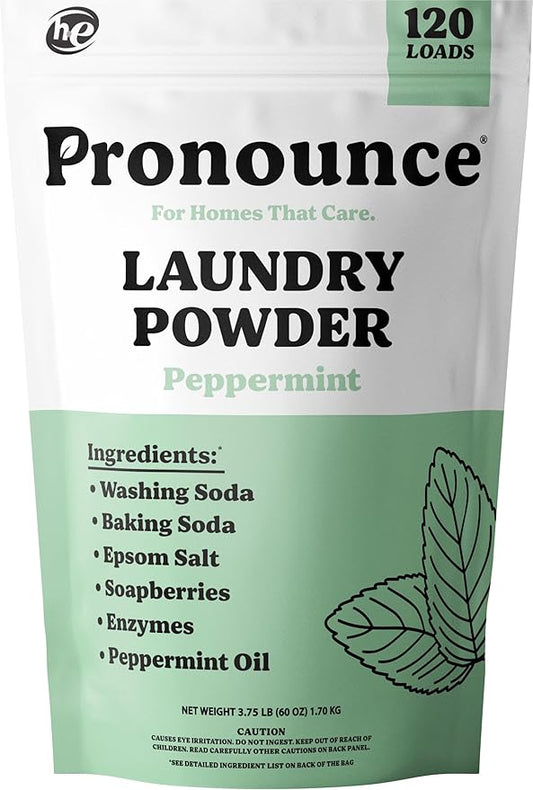 Pronounce Laundry Detergent Powder Alternative | Non-Toxic, Eco-Friendly, Natural for Sensitive Skin, Eczema, and Babies. Stain + Smell Fighting. HE Safe (Peppermint, 120 Loads)