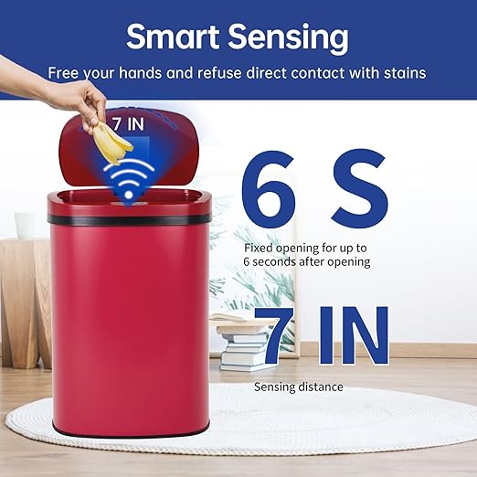 Kitchen Trash Can Bathroom Bedroom Office Garbage Can with Lid Automatic Touch Free Waste Bin Stainless Steel 13 Gallon / 50L,Red