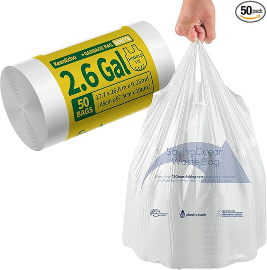 Small Trash Bags with Handles 2.6 Gallon 50 Count White - Ocean Plastic Upcycling - Plastic Garbage Bags, Can Bin & Waste Basket Liner for Kitchen, Bathroom, Office and Pets