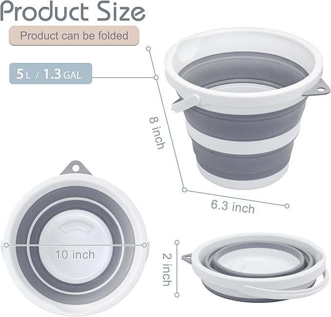 2-Pack Small Collapsible Bucket 1.3 Gal/5L, BPA-Free - Space-Efficient, Portable Foldable Water Pail for Household, Outdoor Use, Car Wash, Camping, Fishing - Duo Colors Grey & Blue
