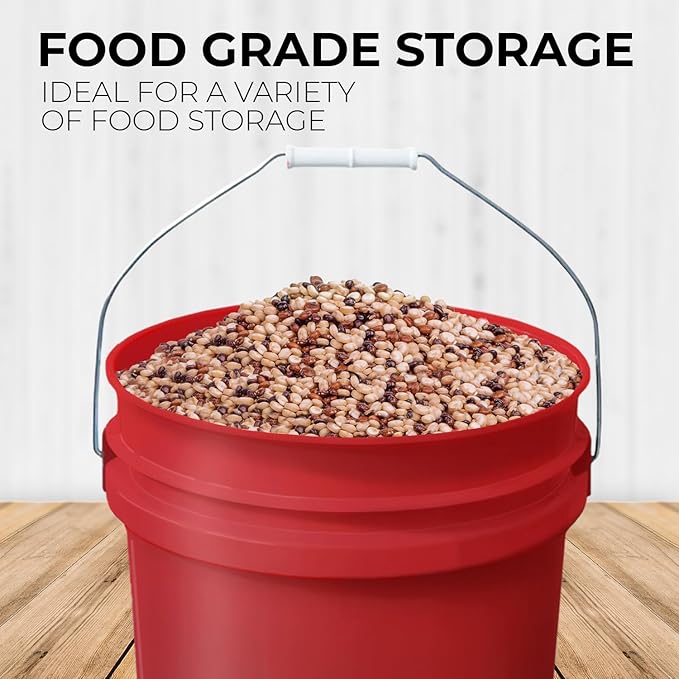 5-Gallon Red Bucket Pail with Gamma Seal Screw on Airtight Lid, Metal Handles with Plastic Grip for Easy Carrying, Easy Stack and Store, Heavy-Duty 90MIL Extra Durable, Food Grade, BPA Free - 2 Pack