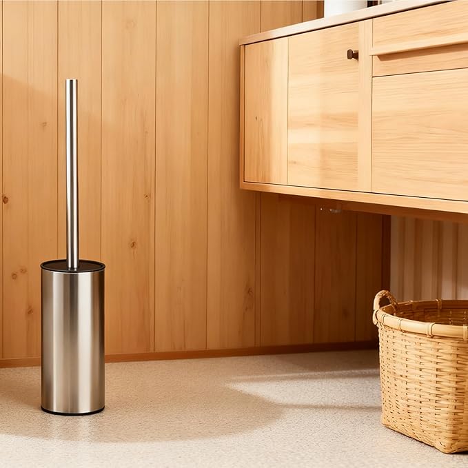 Toilet Brush and Holder Set, NEWRAIN Stainless Steel Toilet Brush with Long Brush Handle, Brushed Nickel Toilet Scrubber and Covered Holder, Round Design Sturdy and Space Saving, Covered Brush