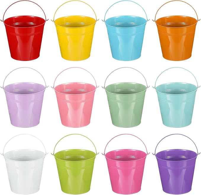 PATIKIL 7"x6.5" Small Metal Buckets with Handle, 12 Pcs Mini Galvanized Bucket Colorful Easter Buckets, Red/Yellow/Blue/Purple/Pink/Light Green/Orange/White/Green/Rose Red/Dark Purple