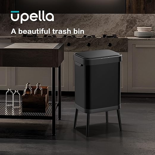 10.5 Gal Stainless Steel Touchless Sensor Trash Can with, Wide Rectangular Design, Brushed Finish – Automatic Lid, Raised Legs (Black)