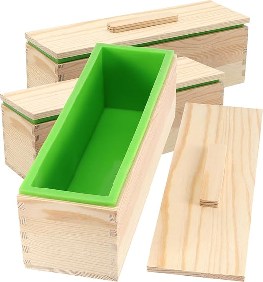 ZOENHOU 3PCS 42oz Green Soap Molds with 3 Lids, Flexible Rectangular Silicone Soap Making Molds Kit with Wood Box DIY Tool Set for Soap Making Supplies