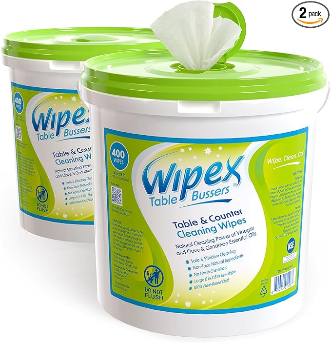 Wipex Table Bussers - Natural Table & Counter Turnover Cleaning Wipes With Vinegar, Propolis, Clove And Cinnamon Oil, 400 Ct (2 Buckets, 800 Wipes)