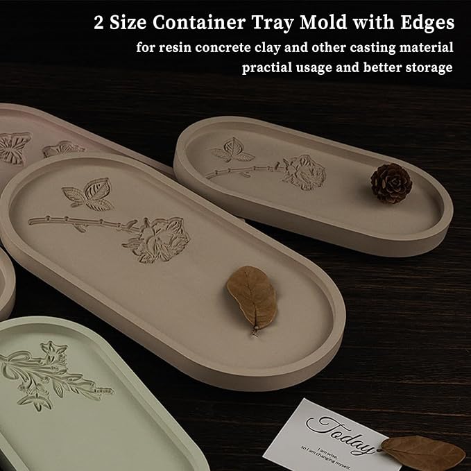 Wehous Oval Tray Molds for Resin Concrete, 2 Size Rose Carved Oval Silicone Mold, Tray Epoxy Resin Casting Mold for Jewelry Holder Bathroom Vanity Tray Candle Holder Storage Floral Crafts Gift