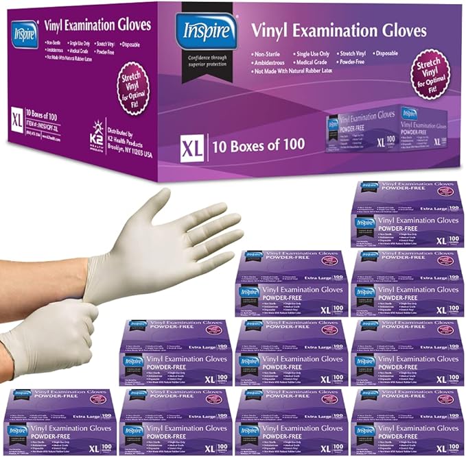 Inspire Stretch Vinyl Exam Gloves | THE ORIGINAL Quality Disposable Latex Free Medical Glove Cleaning Cooking Food Service Labs Healthcare and Household Extra Large, 1000 Count