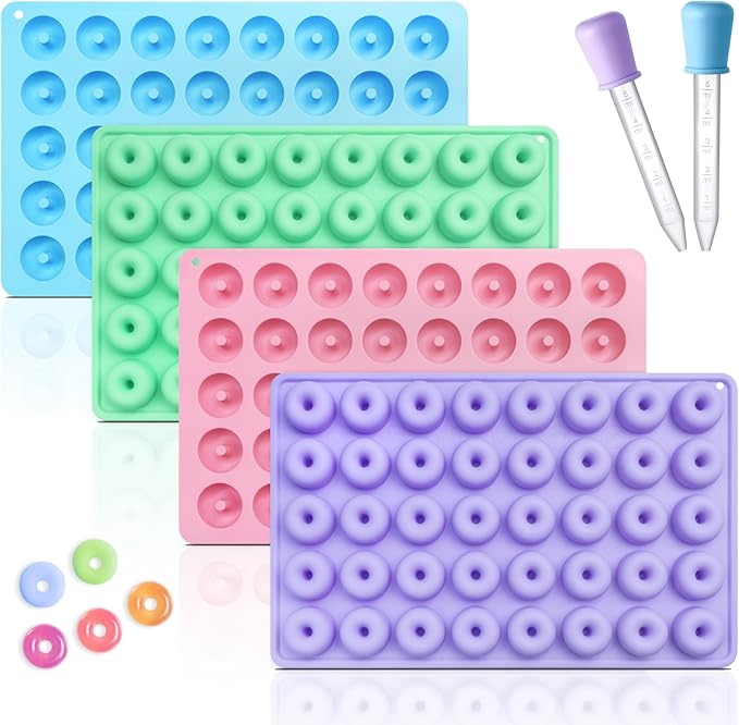 Donut Silicone Candy Molds with 2 Droppers, 4 Packs Mini Donut Pan Mold Gummy Mold, 40-Cavities Non-Stick Food Grade Mold for Hard Candies, Chocolate, Ice Cube, Jelly