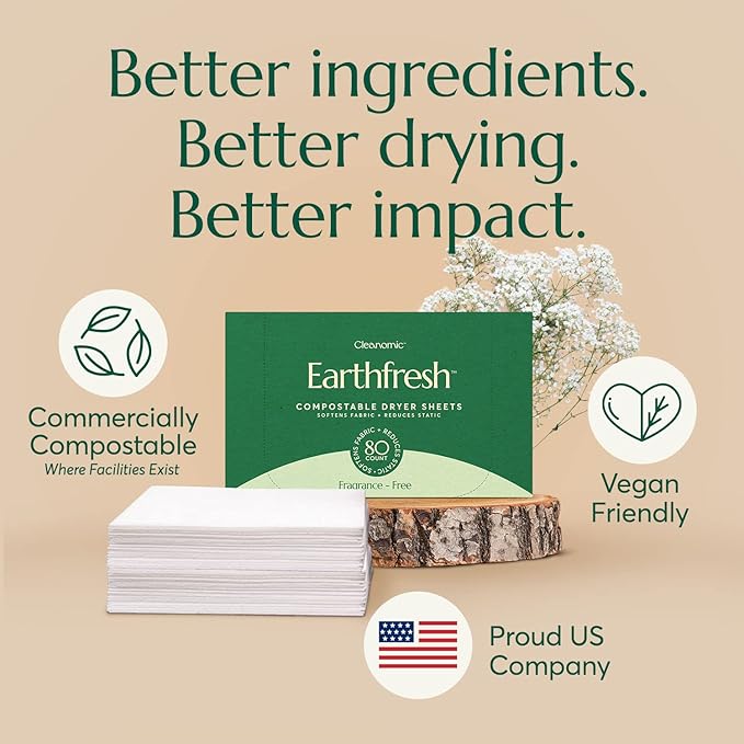 Cleanomic Earthfresh Fabric Softener Sheets Dryer Sheets, Softens & Removes Static Cling, Vegan Laundry Softener With Essential Oils -Fragrance Free