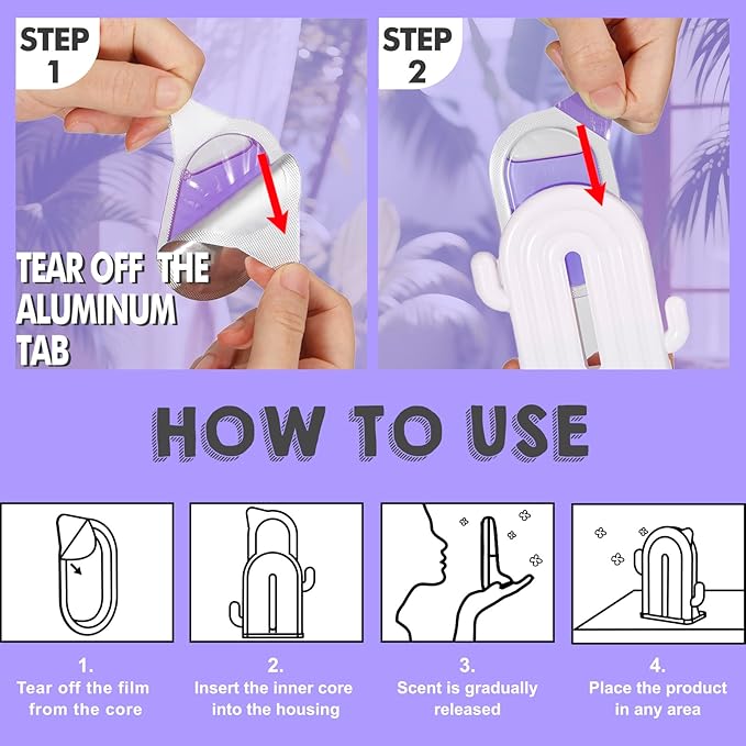 Air Freshener for Home, 2 Pack, 2 Refill, Lavender Scent, Odor Eliminator, Up to 120 Days, Cactus-shaped Freshener for Closet Bathroom, Cute Home Decor, White