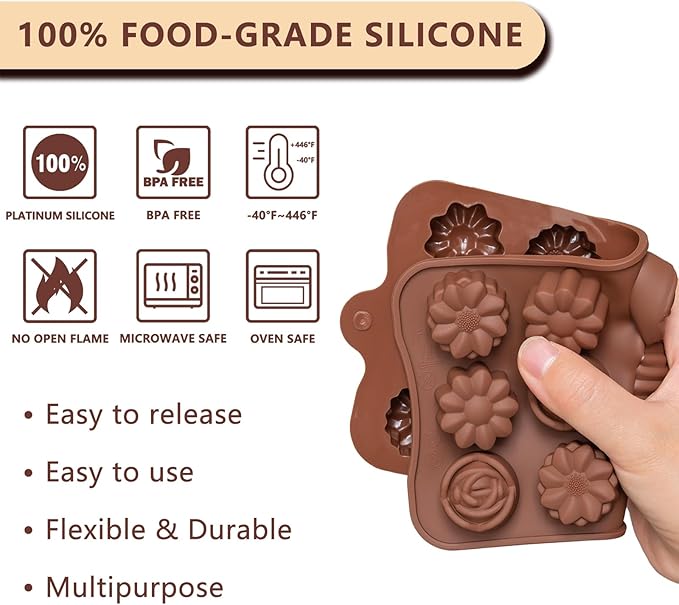 6 Pcs Silicone Chocolate Mold Set - Food-Grade Non-Stick Candy Molds Cookery Moulds for Chocolate, Candy, Jello, Soap & Crayon - Flower Shapes