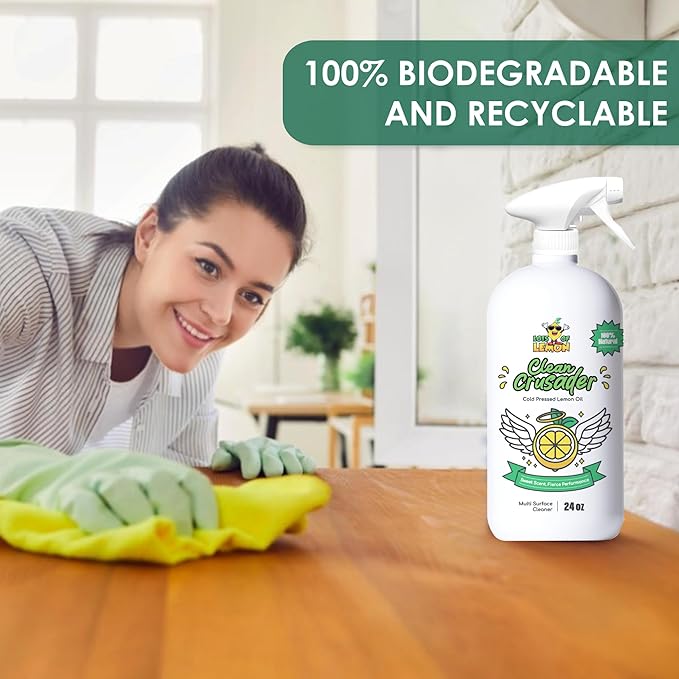 Clean Crusader 24 oz Natural Cold Pressed Lemon Oil Multipurpose Cleaner Spray for Kitchen, Bathroom, Hardwood Floors at home and office | 3 simple ingredients | Made in USA