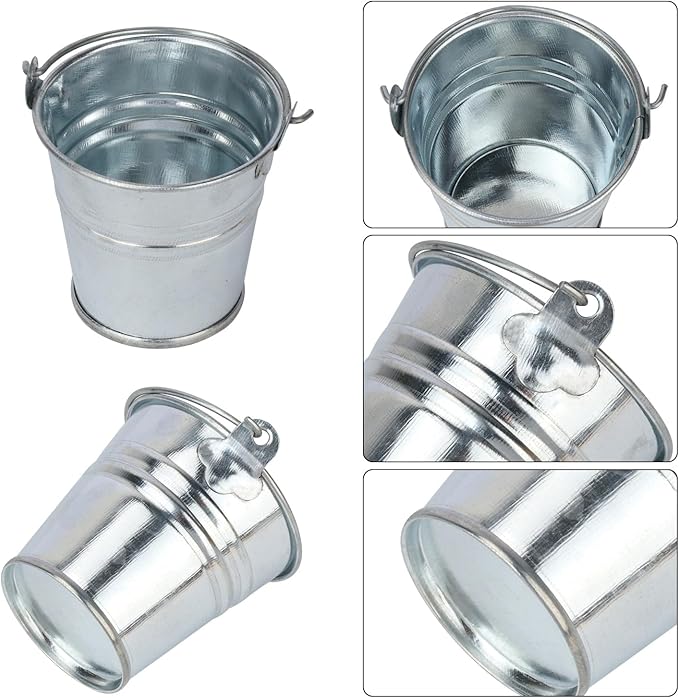 50 Pack 2.1 Inch Mini Metal Buckets with Handle, Galvanized Mini Tin Buckets, Small Iron Bucket, Mini Metal Pail for DIY Project, Holiday, Party, Home Decoration