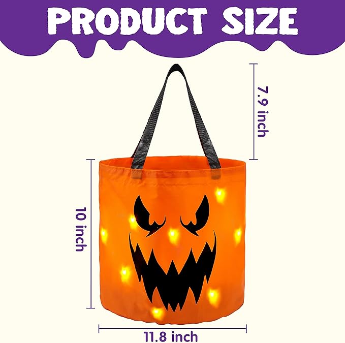 JOYIN 2 PCS Halloween Trick or Treat Bags 10 x 11.8 inches LED Light Orange Pumpkin Buckets Reusable Goody Candy Bucket for Kids Trick or Treating, Halloween Birthday Party Favor Supplies