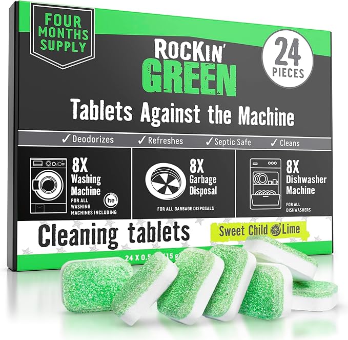 Rockin' Green Deep Cleaning and Deodorizing Tablets for Dishwashers, Washing Machines, and Garbage Disposals, Removes Odor and Residue (Multi-purpose Cleaning Tablets, 24 Pack)