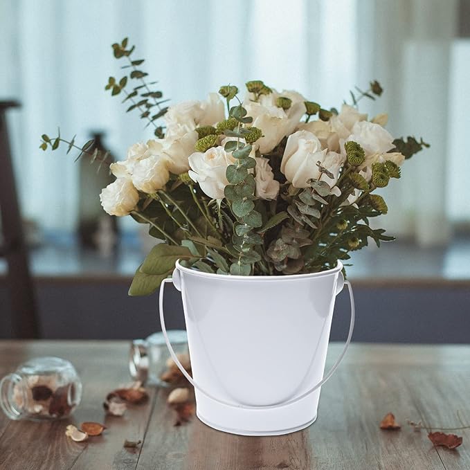 Small Metal Buckets with Handle, 6 Pack 4.3 Inch Colored Galvanized Bucket for Kids,Classroom,Crafts,and Party Favors (4.3" Top,White)