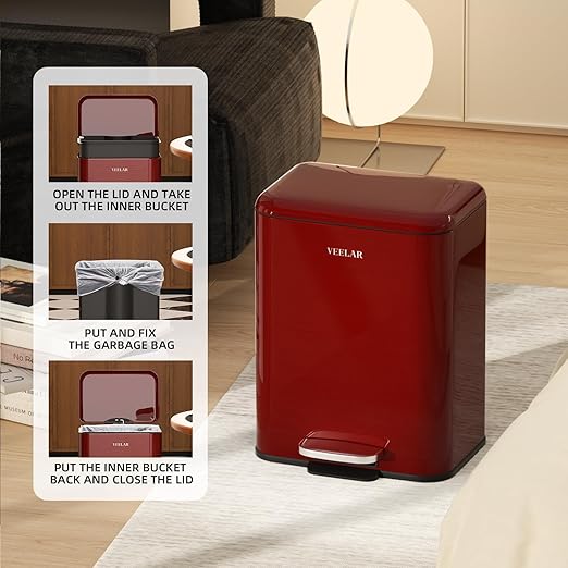 Small Bathroom Trash Can - Mini Step Garbage Can with Lid, Stainless Steel Trash Bin for Bedroom, Office ，Living Room(Red, 6 Liter / 1.6 Gallon)