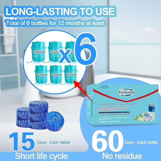 KIISIISO Toilet Bowl Cleaners-6 Pack, Automatic Toilet Tank Cleaner Tablets in Bottles, Long-Lasting Powerful Cleaning, Prevents Bathroom Stain & Odors Build Up, Septic Safe, Blue Water