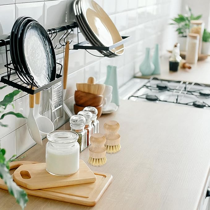 10 Pack Bamboo Dish Brush Set, Natural Dish Scrub Brush with Handle, Wooden Dish Scrubber for Kitchen Cleaning, Eco-Friendly Scrub Brush for Dishes, Pots, Pans, and Vegetables